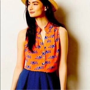 Anthropologie Maeve EUC Women's Orange Ruffle Sleeveless Octopus Blouse Size 2